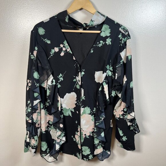 J. Peterman Cutout Ruffle Tie Neck Top Blouse Size 14 Black Floral Work Office - Picture 1 of 12